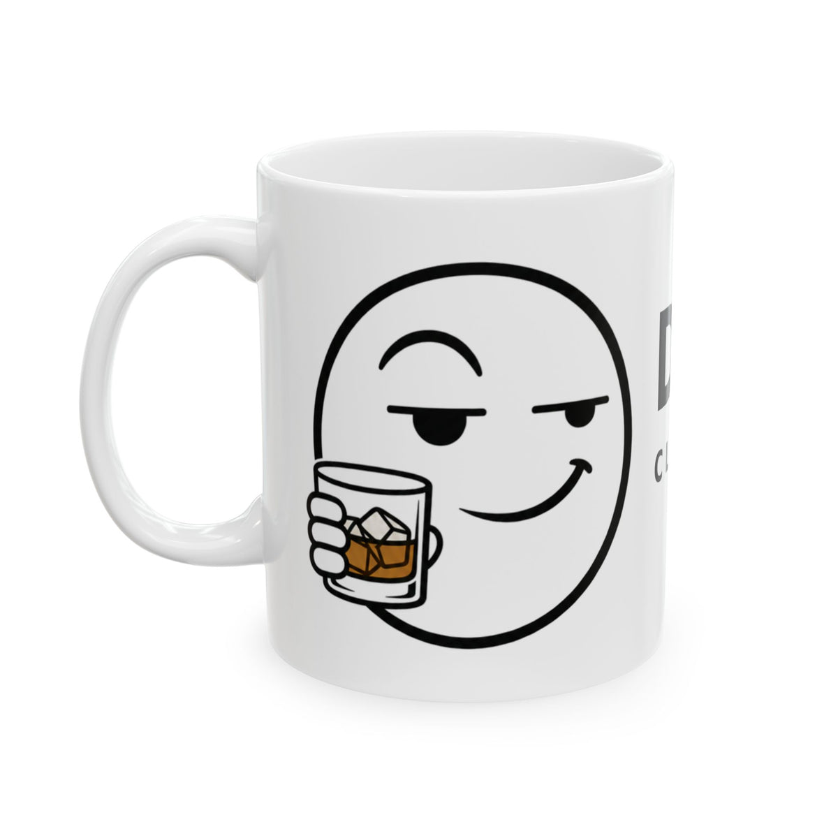 Dry Wit Logo Mug, white ceramic 11 oz, angled view with the handle on the left showing the winking emoji holding a whiskey glass