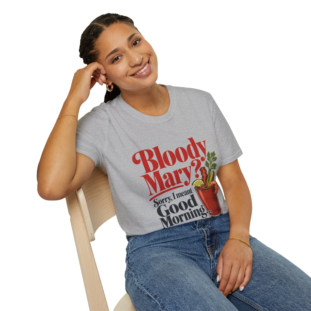 Bloody Mary Shirt, Sport Grey, worn by a model seated on a wooden chair