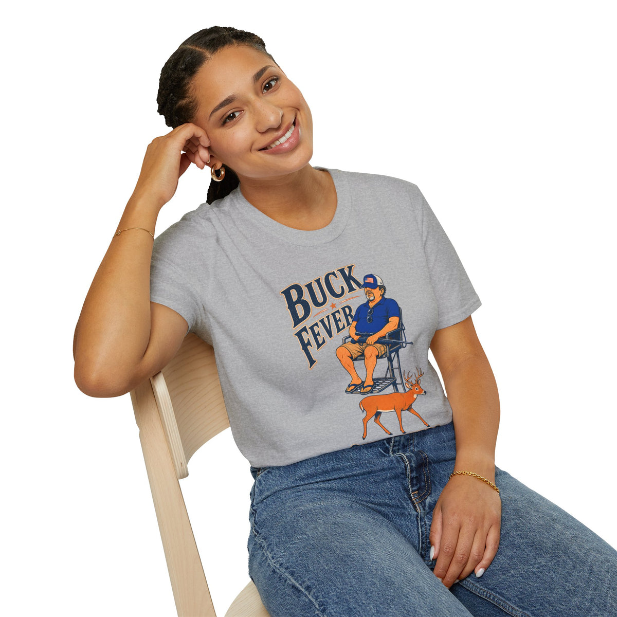Buck Fever Outfitters Shirt, Sport Grey, worn by a model seated on a wooden chair