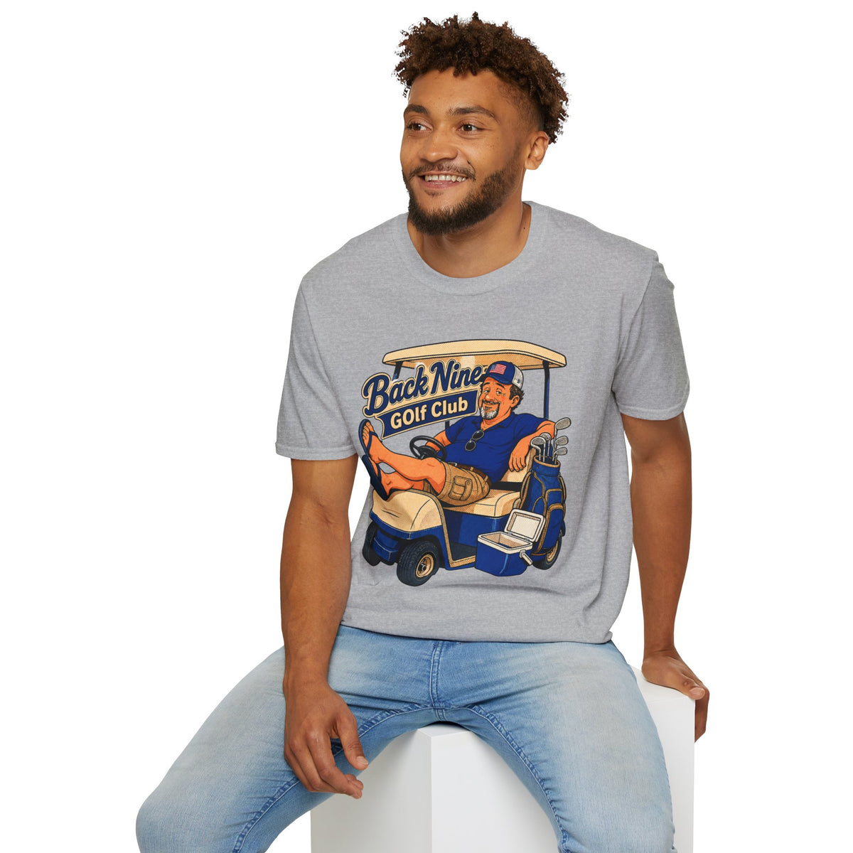 Back Nine Club Shirt, Sport Grey, worn by a model seated on a white block