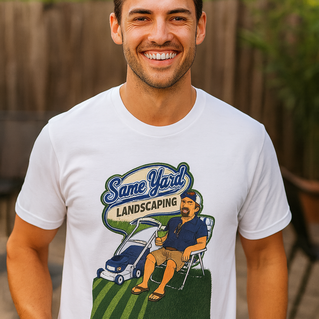 Smiling man in a white Same Yard Landscaping funny dad shirt standing in a backyard