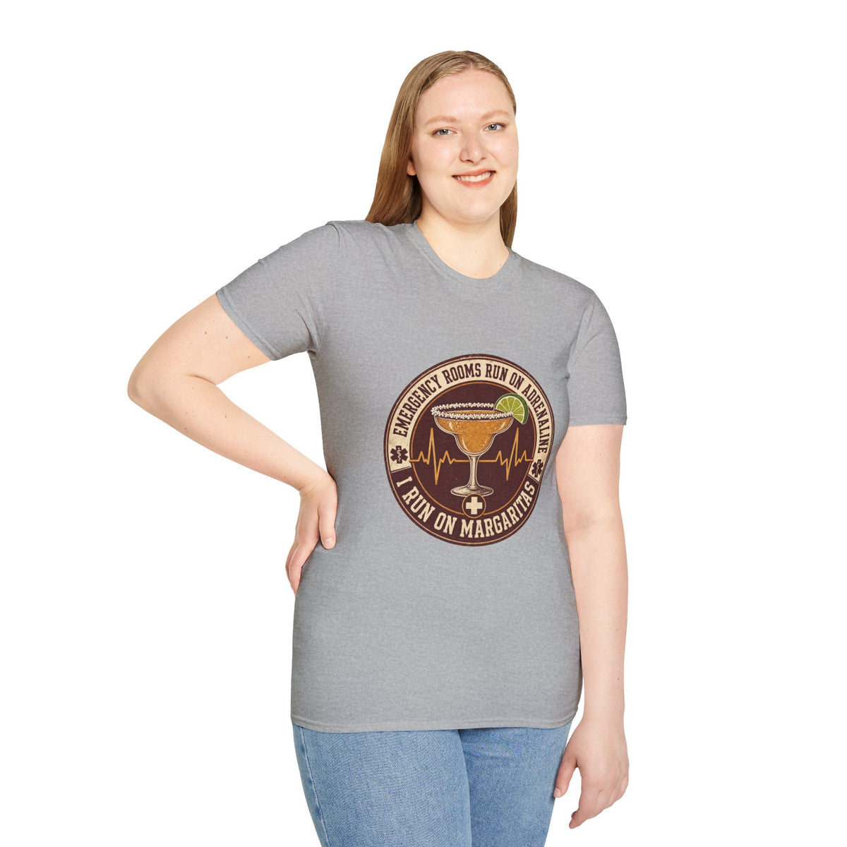 Emergency Rooms Run on Adrenaline Shirt, Sport Grey, worn by a standing model with a hand on their hip