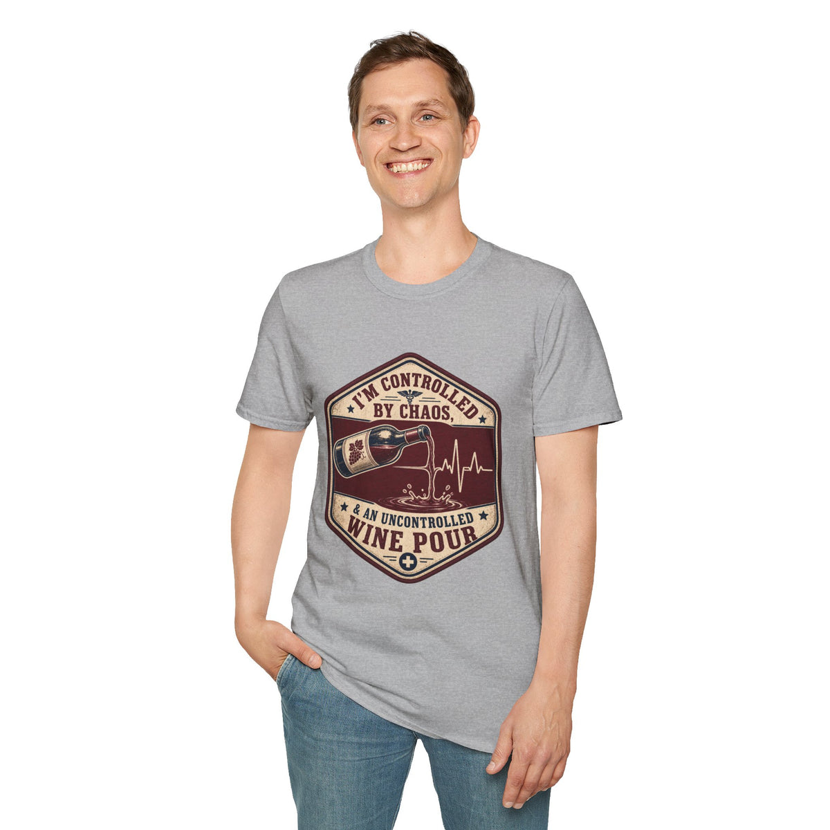 Controlled by Chaos, Uncontrolled Pour Shirt, Sport Grey, worn by a standing model with one hand in their pocket
