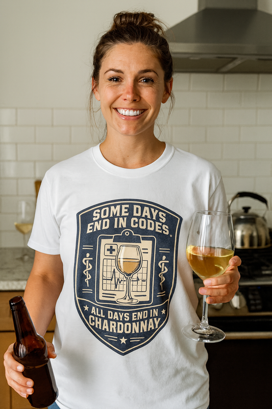 Smiling woman in a white Some Days End in Codes funny ER nurse shirt holding wine and a beer in a kitchen