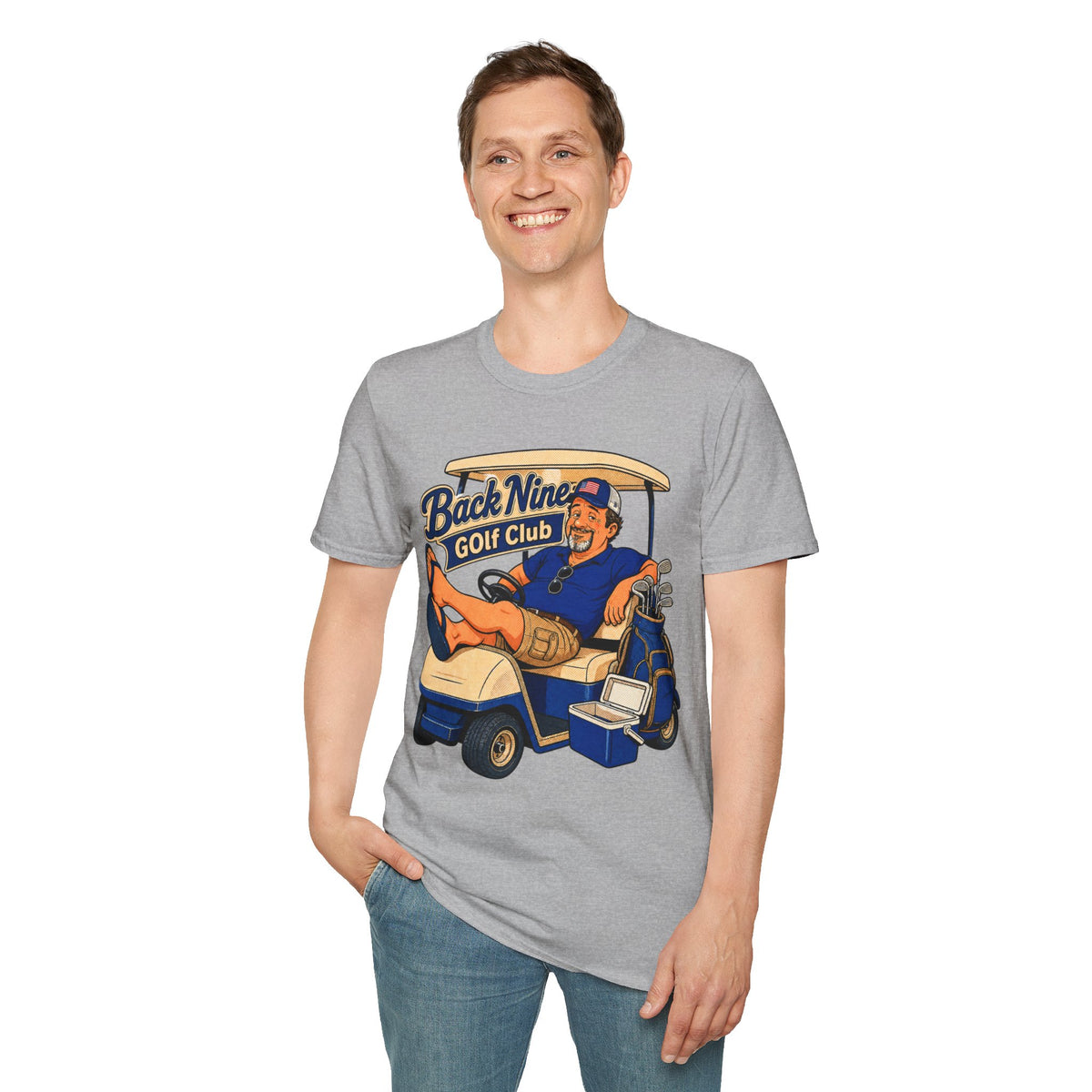 Back Nine Club Shirt, Sport Grey, worn by a standing model with one hand in their pocket