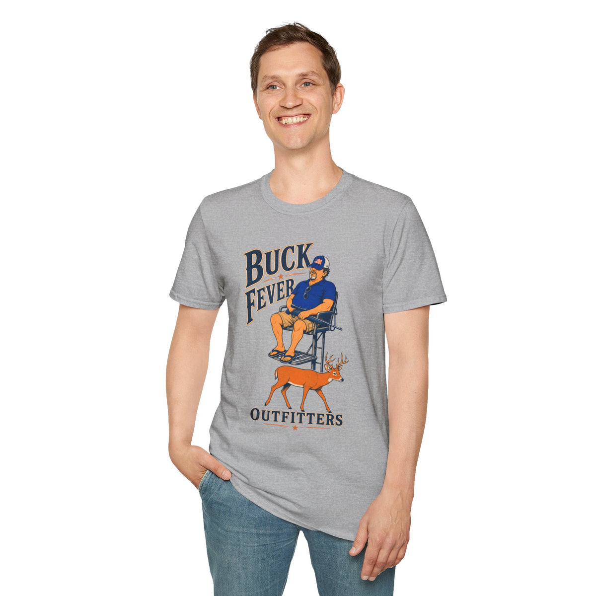 Buck Fever Outfitters Shirt, Sport Grey, worn by a standing model with one hand in their pocket
