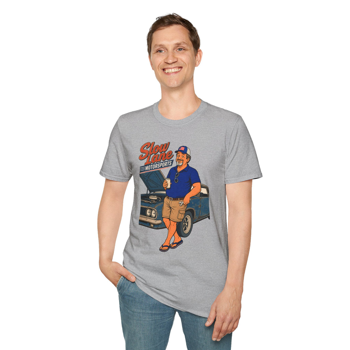 Slow Lane Motorsports Shirt, Sport Grey, worn by a standing model with one hand in their pocket