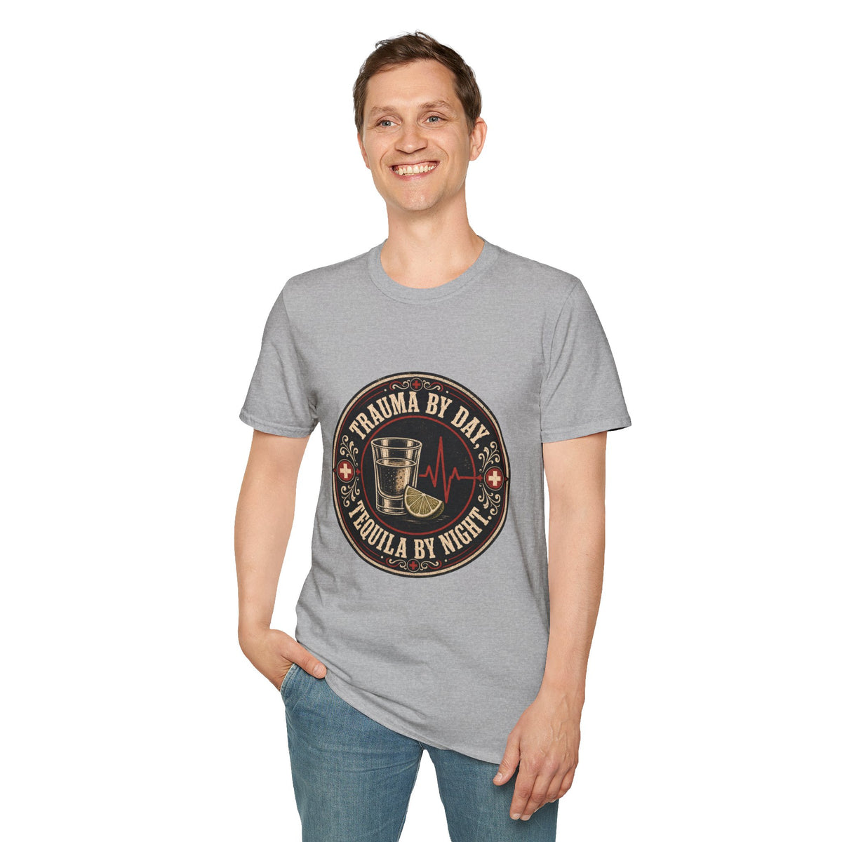 Trauma by Day, Tequila by Night Shirt, Sport Grey, worn by a standing model with one hand in their pocket