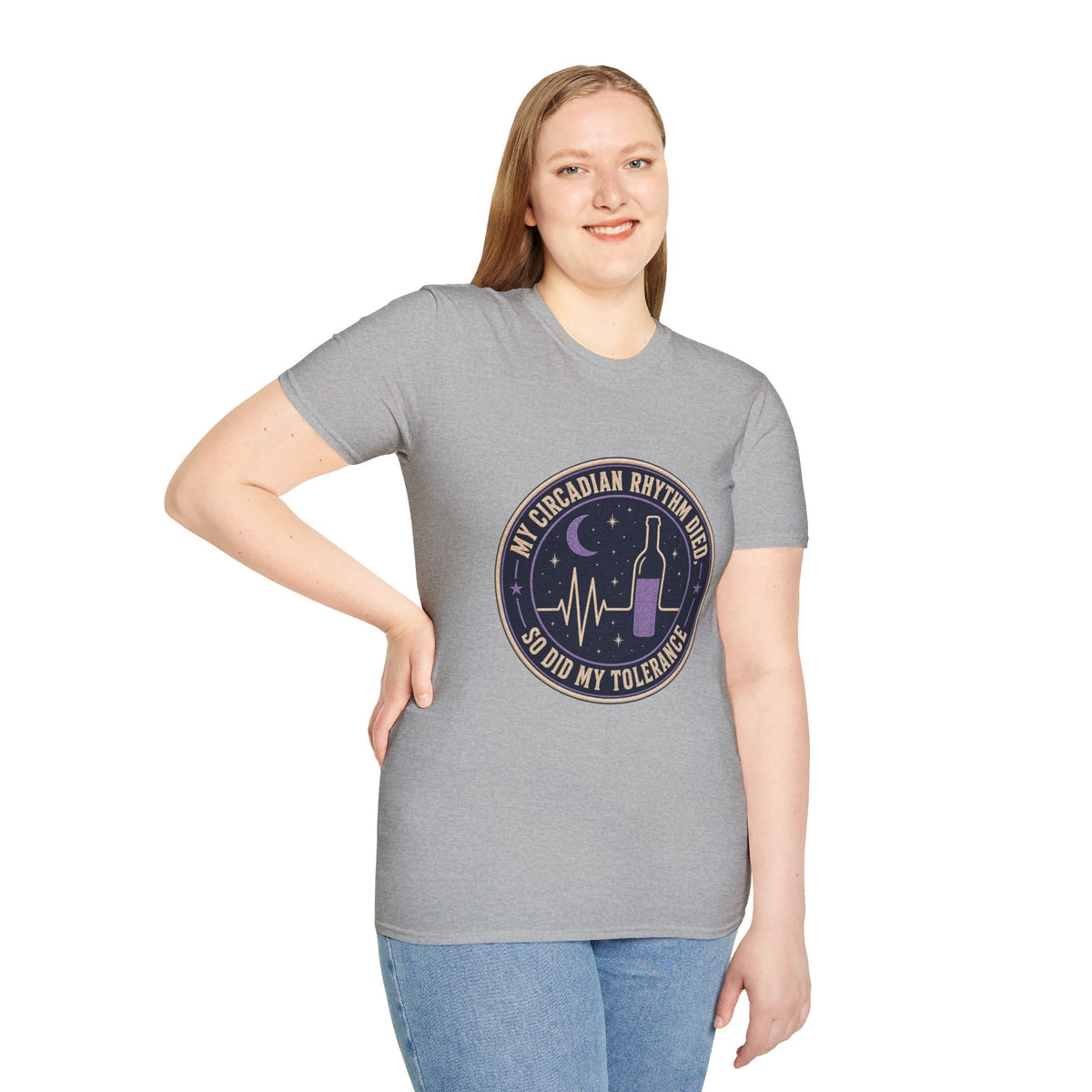 My Circadian Rhythm Died Shirt, Sport Grey, worn by a standing model with a hand on their hip