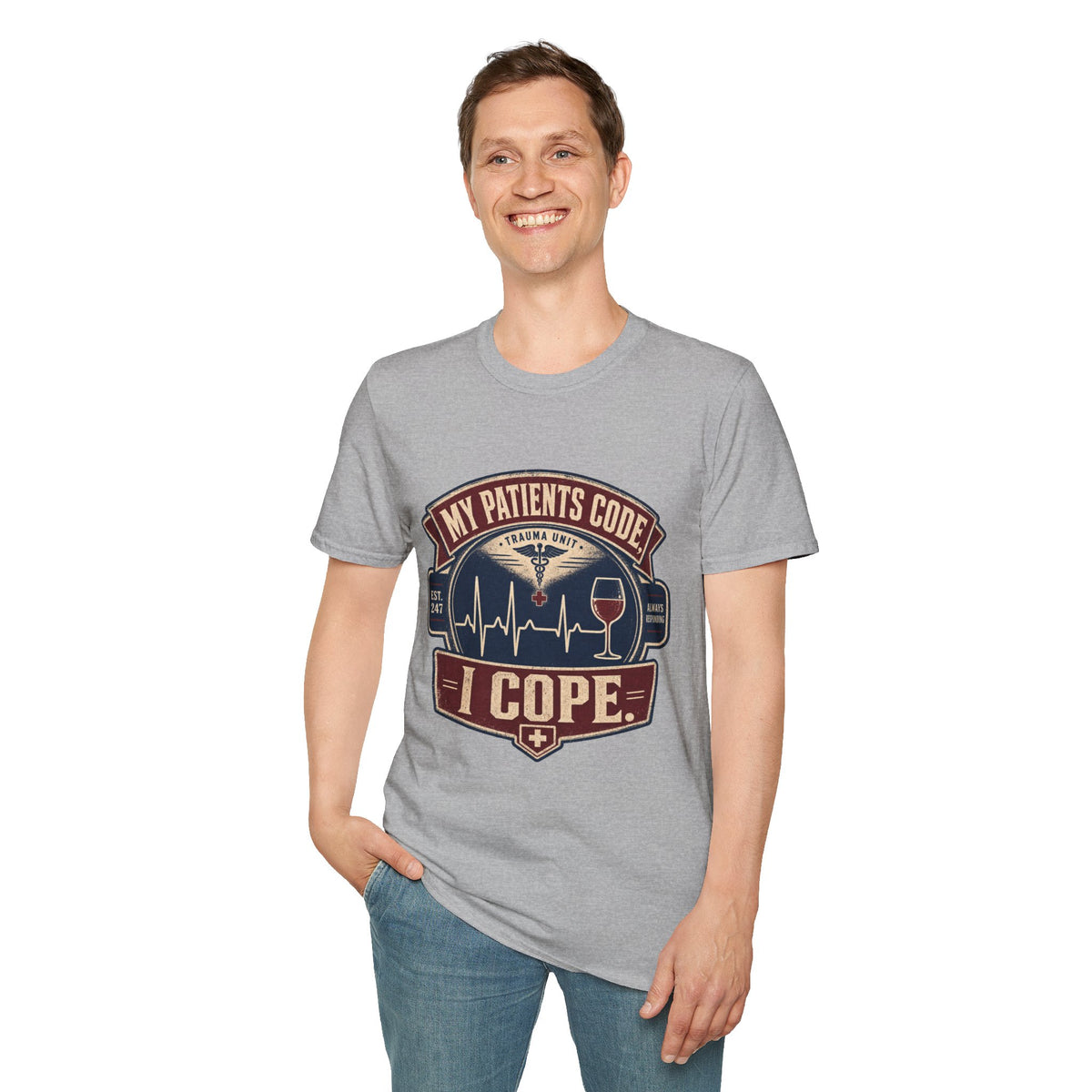 My Patients Code, I Cope Shirt, Sport Grey, worn by a standing model with one hand in their pocket