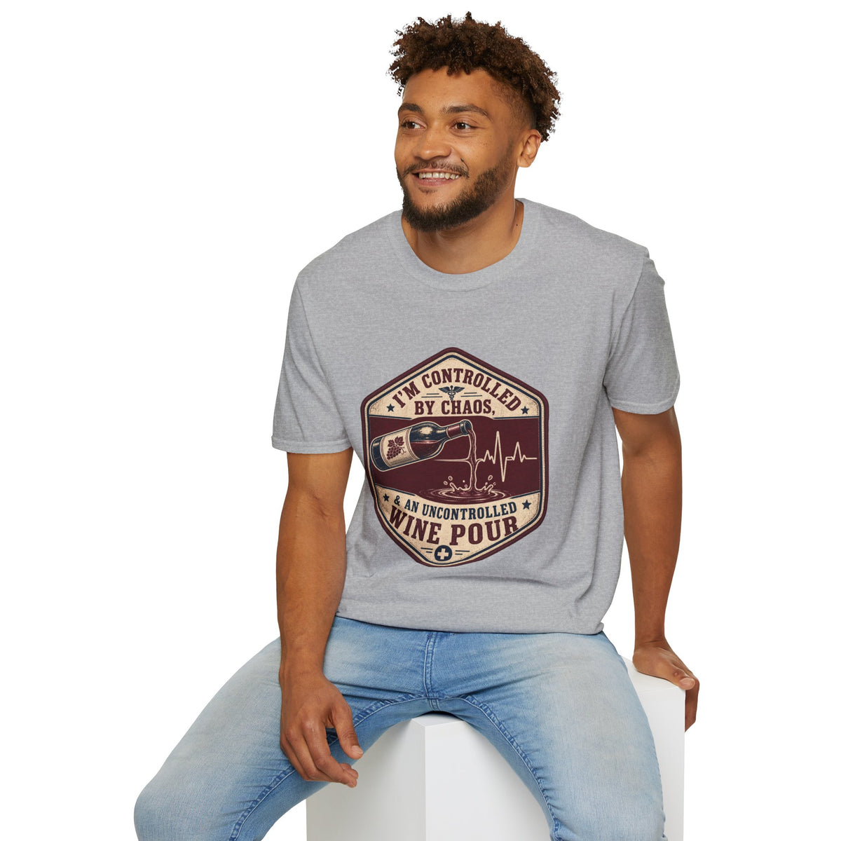 Controlled by Chaos, Uncontrolled Pour Shirt, Sport Grey, worn by a model seated on a white block