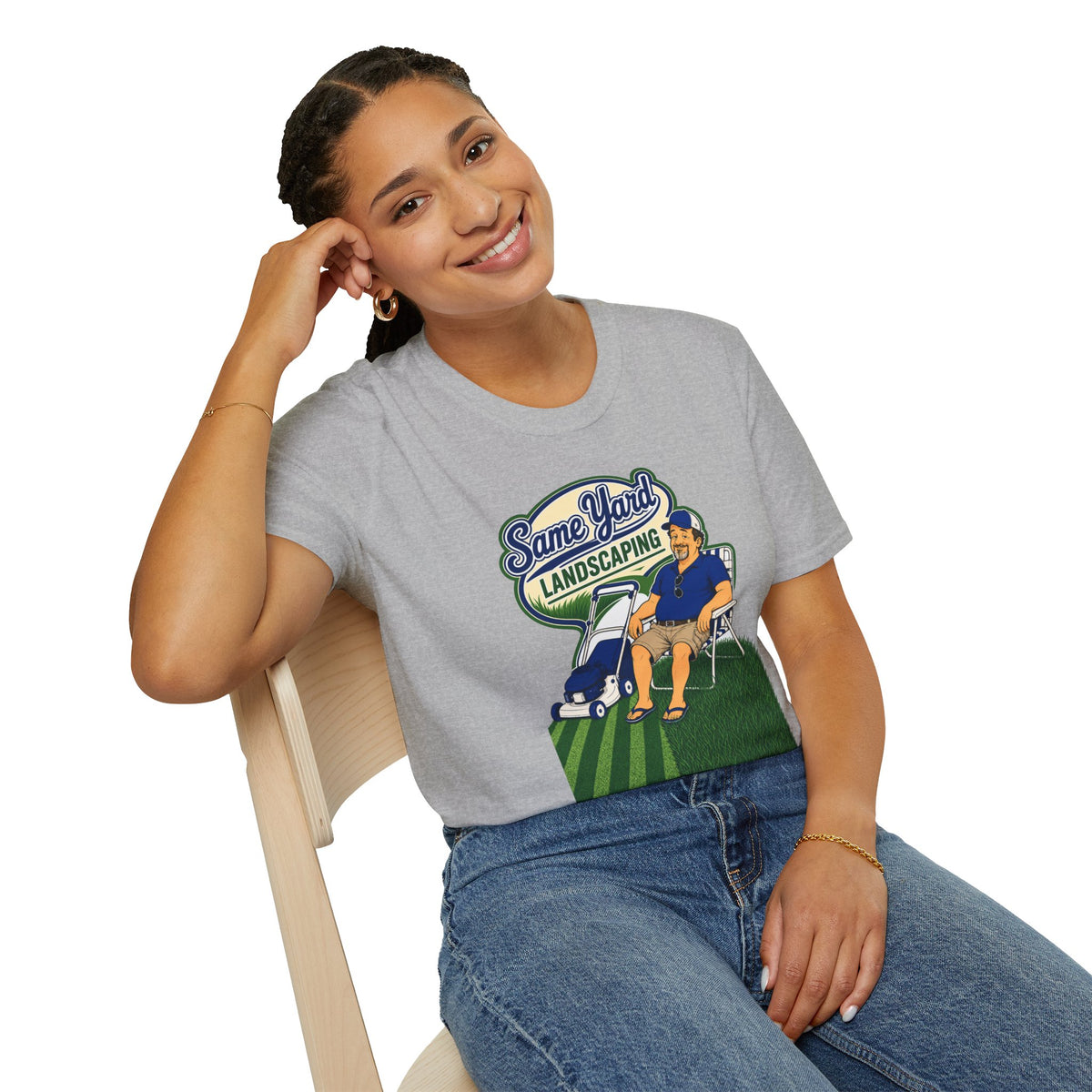 Same Yard Landscaping Shirt, Sport Grey, worn by a model seated on a wooden chair