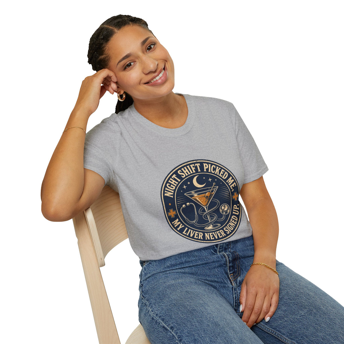 Night Shift Picked Me Shirt, Sport Grey, worn by a model seated on a wooden chair