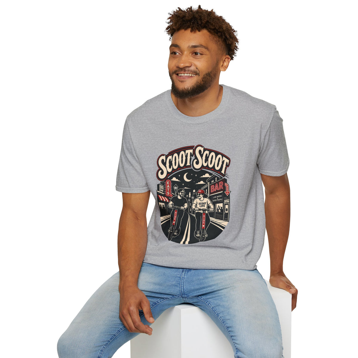 Scoot Scoot Shirt, Sport Grey, worn by a model seated on a white block