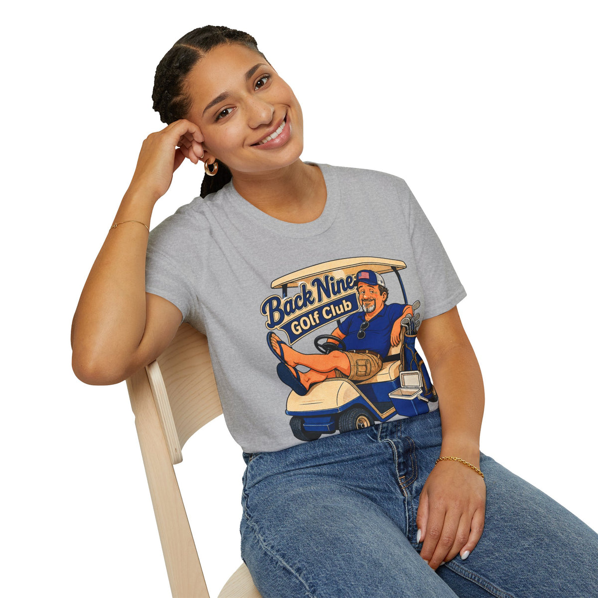 Back Nine Club Shirt, Sport Grey, worn by a model seated on a wooden chair