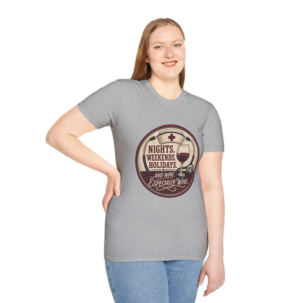 Nights, Weekends, Holidays Shirt, Sport Grey, worn by a standing model with a hand on their hip
