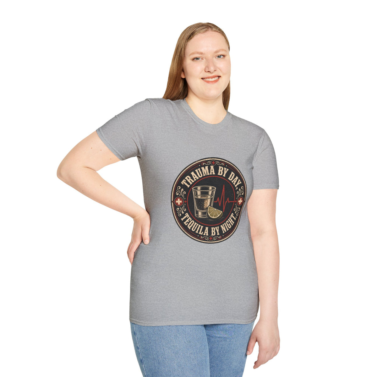 Trauma by Day, Tequila by Night Shirt, Sport Grey, worn by a standing model with a hand on their hip