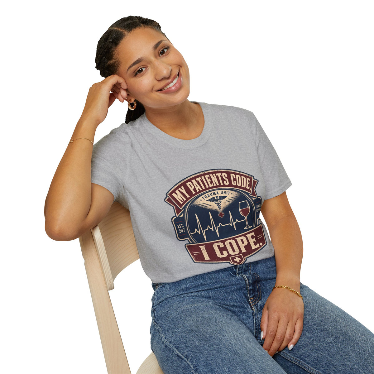 My Patients Code, I Cope Shirt, Sport Grey, worn by a model seated on a wooden chair