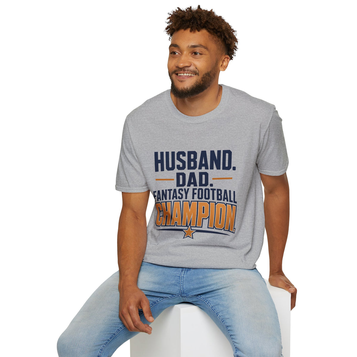 League Champion Shirt, Sport Grey, worn by a model seated on a white block