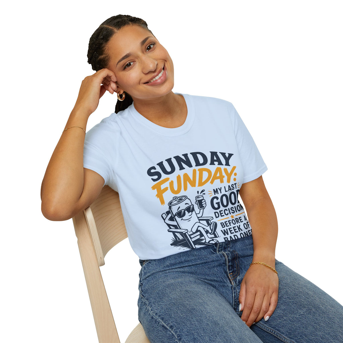 Sunday Funday Shirt, Light Blue, worn by a model seated on a wooden chair