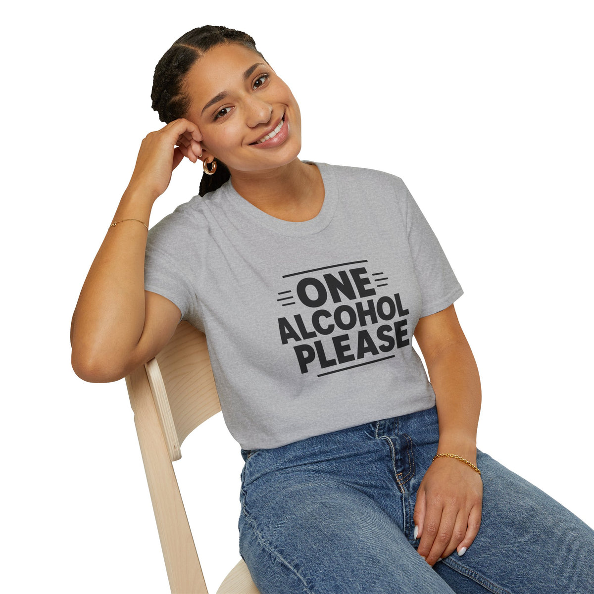 One Alcohol Please Shirt, Sport Grey, worn by a model seated on a wooden chair