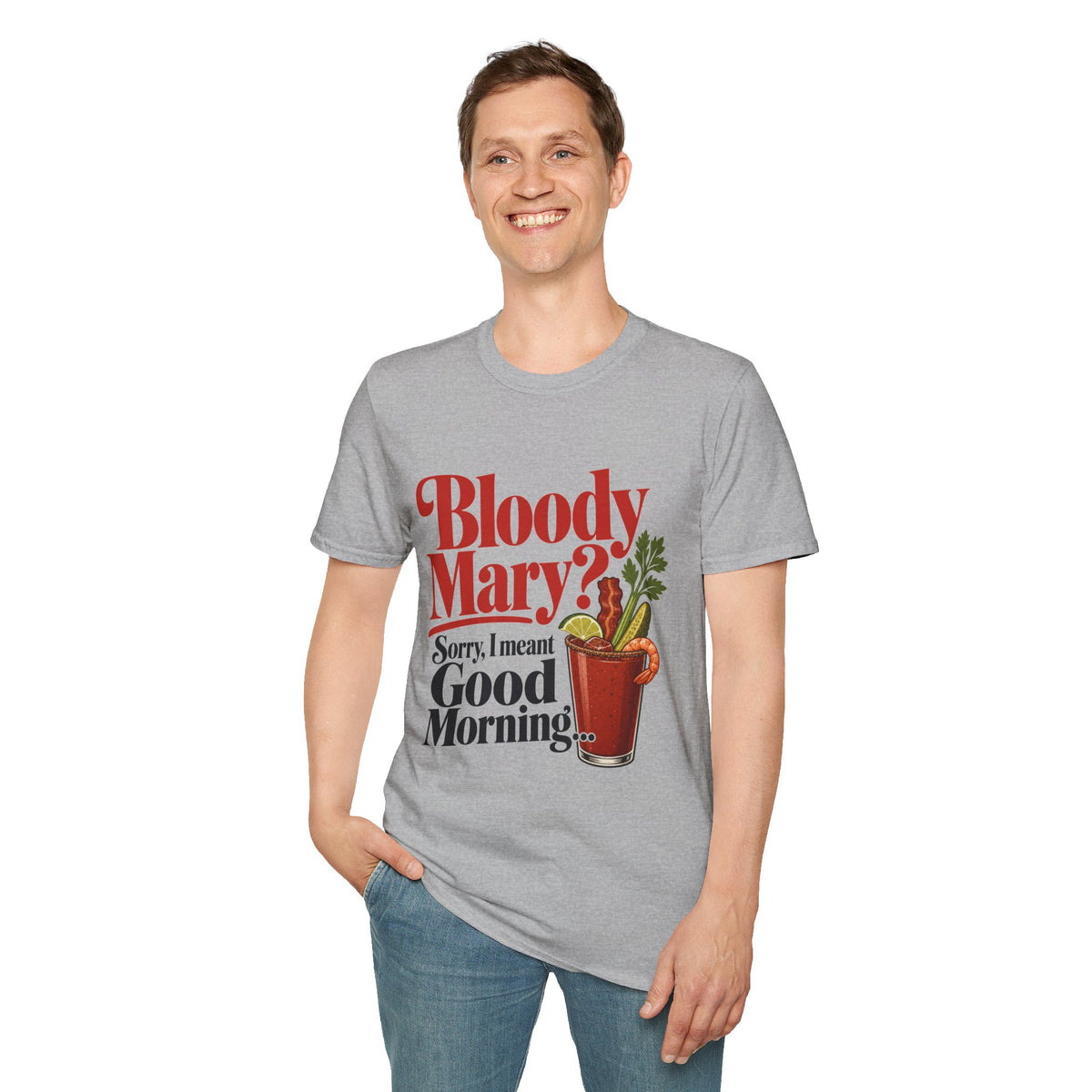 Bloody Mary Shirt, Sport Grey, worn by a standing model with one hand in their pocket