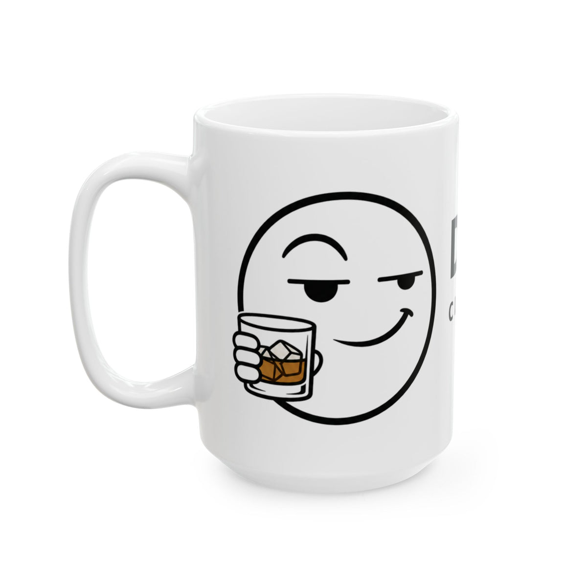 Dry Wit Logo Mug, white ceramic 15 oz, angled view with the handle on the left showing the winking emoji holding a whiskey glass