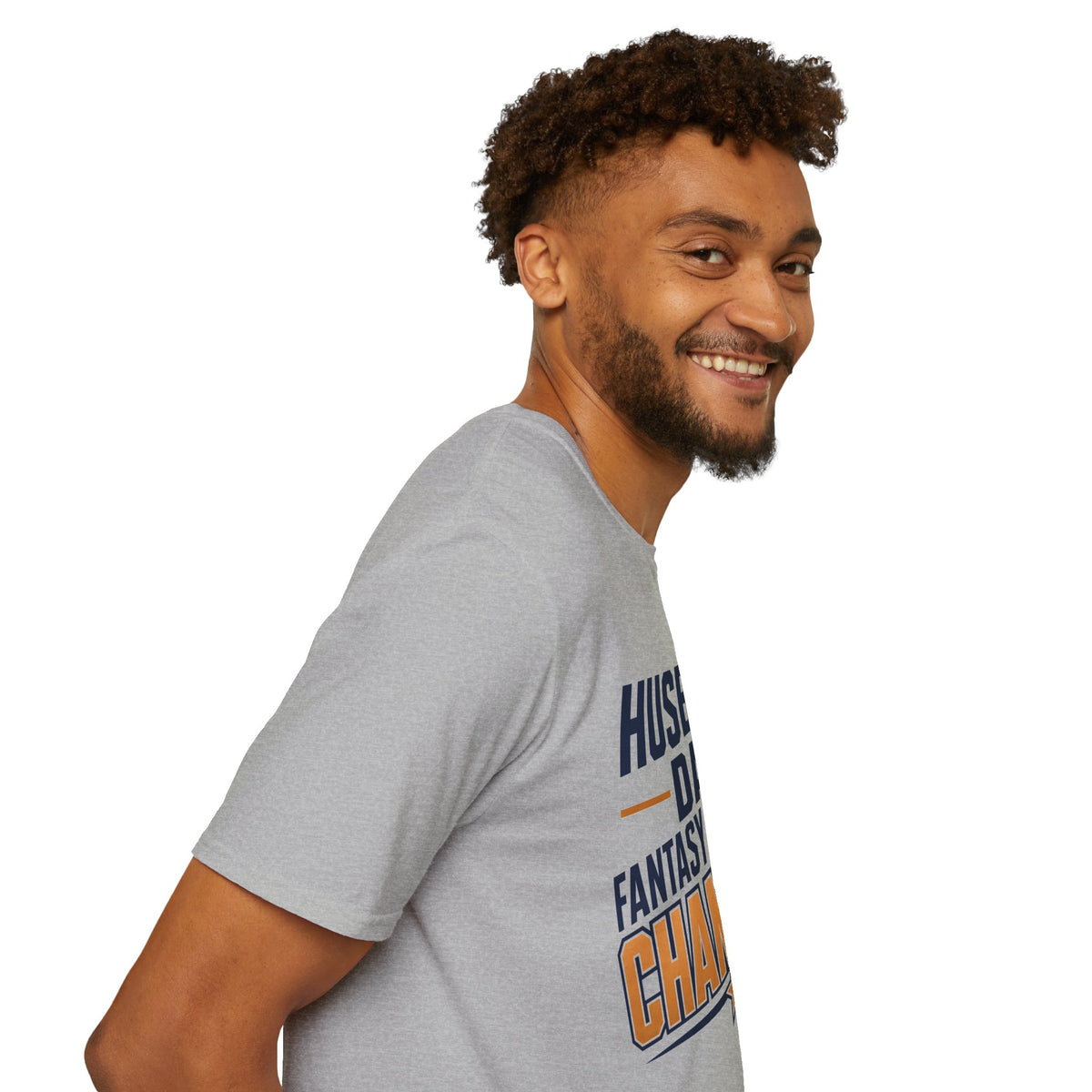 League Champion Shirt, Sport Grey, worn by a standing model turned to the side, looking over their shoulder