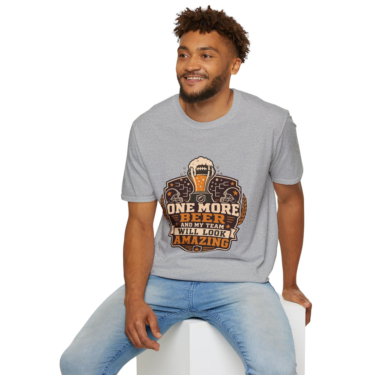 One More Beer Shirt, Sport Grey, worn by a model seated on a white block