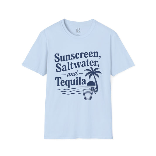 Sunscreen, Saltwater and Tequila Shirt, Light Blue, front flat lay