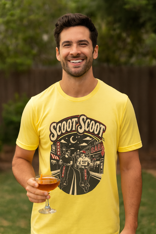 Smiling man in a yellow Scoot Scoot funny nightlife bar hopping shirt standing in a backyard