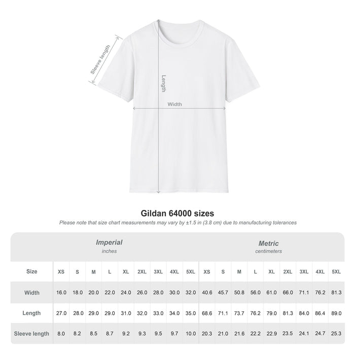 Gildan 64000 unisex t-shirt size chart for the Back Nine Club Shirt, listing width, length and sleeve length in inches and centimeters for sizes XS through 5XL