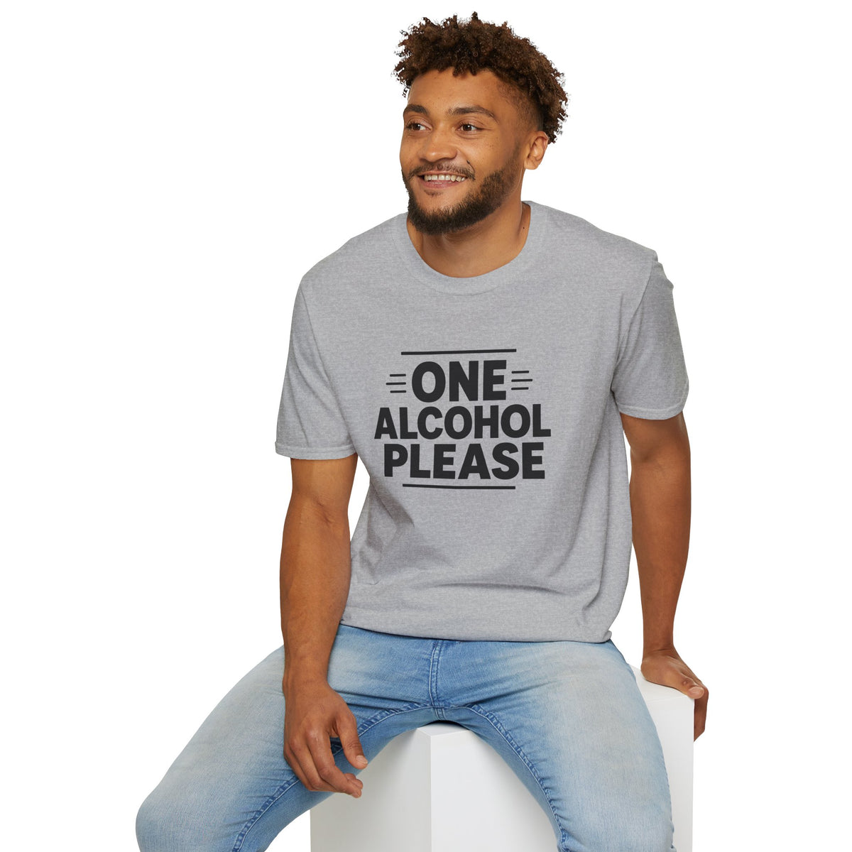 One Alcohol Please Shirt, Sport Grey, worn by a model seated on a white block