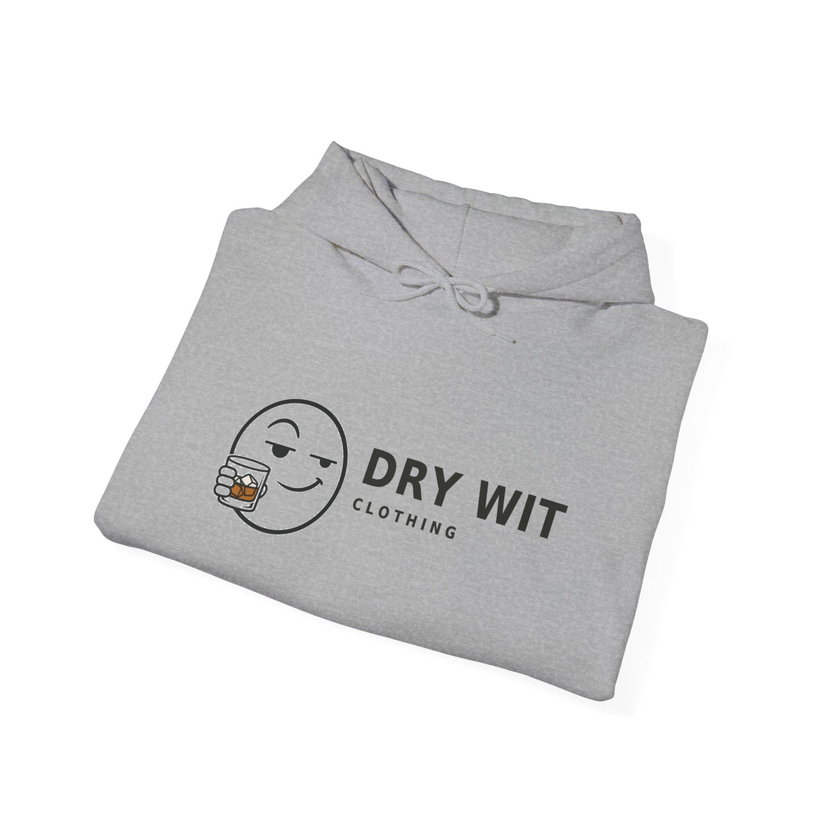 Dry Wit Clothing logo hoodie with winking emoji holding a whiskey glass, Sport Grey, folded flat lay angled to show the hood and drawstrings