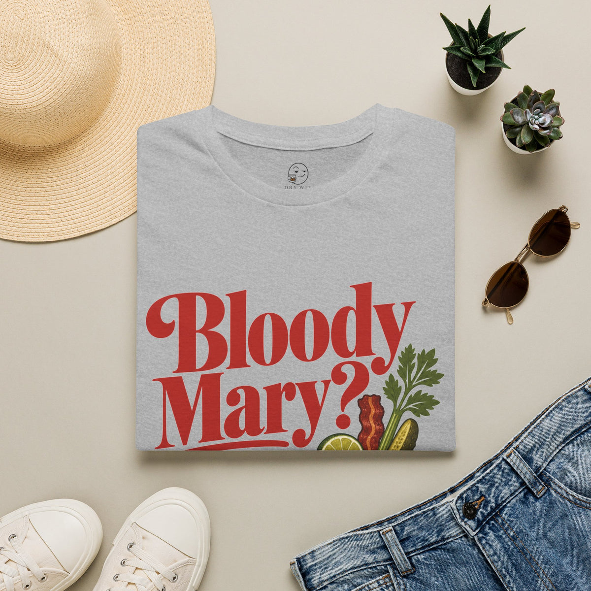 Bloody Mary Shirt, Sport Grey, folded flat lay styled with a straw hat, sunglasses, sneakers and denim