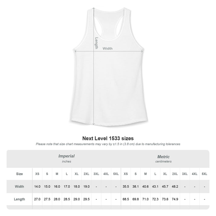 Next Level 1533 women's racerback tank size chart for the Some Days End in Codes Tank, listing width and length in inches and centimeters for sizes XS through 2XL