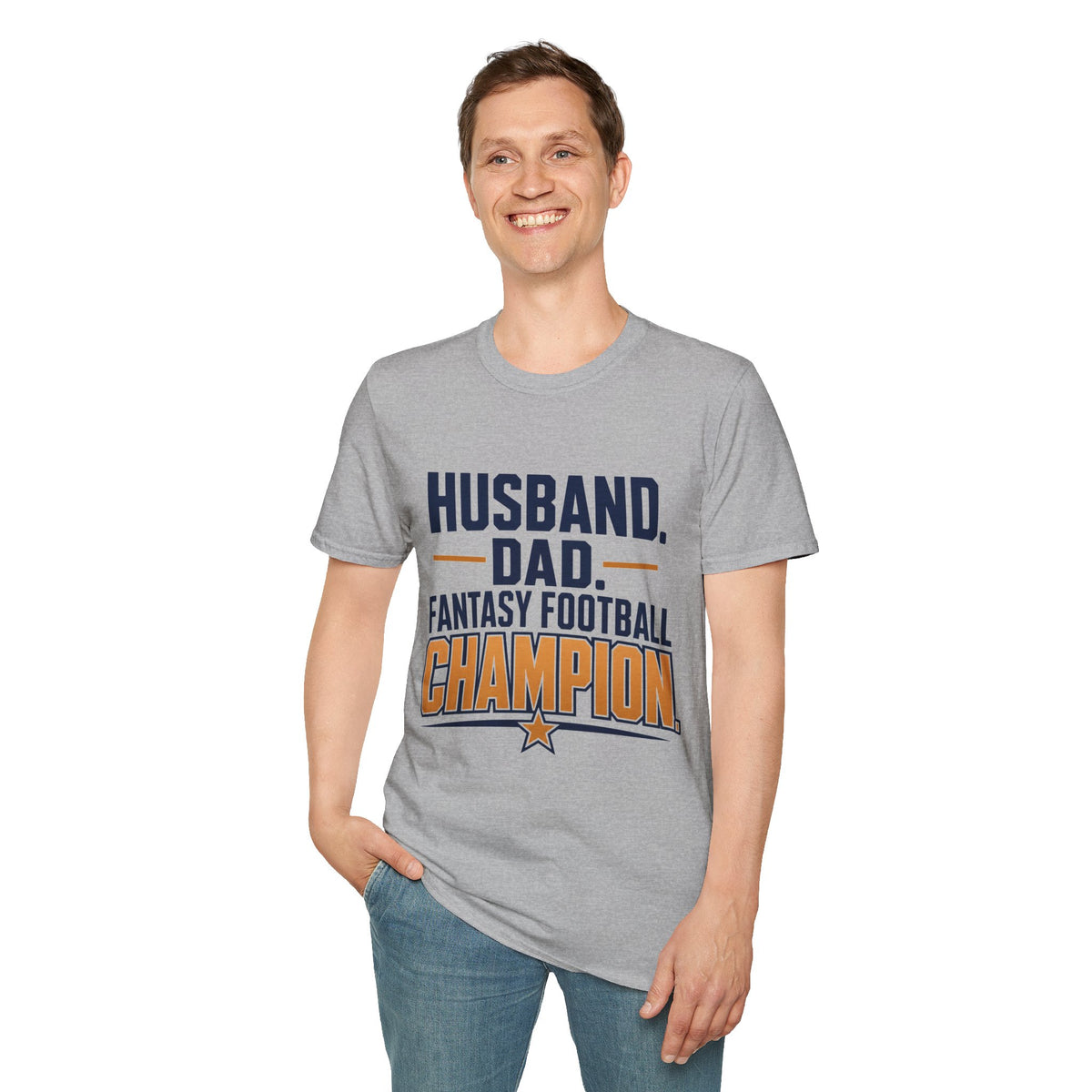 League Champion Shirt, Sport Grey, worn by a standing model with one hand in their pocket