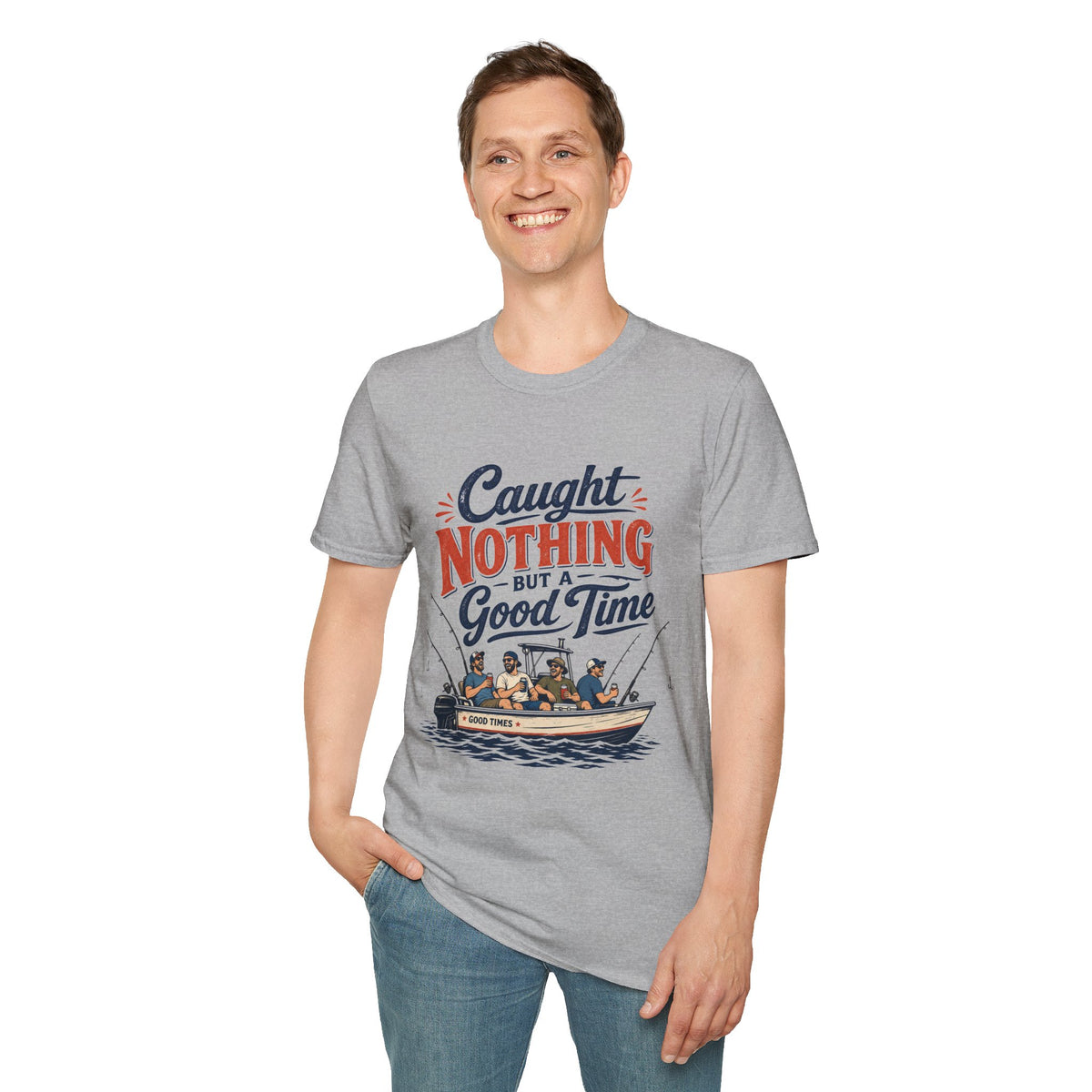 Caught Nothing But a Good Time Shirt, Sport Grey, worn by a standing model with one hand in their pocket