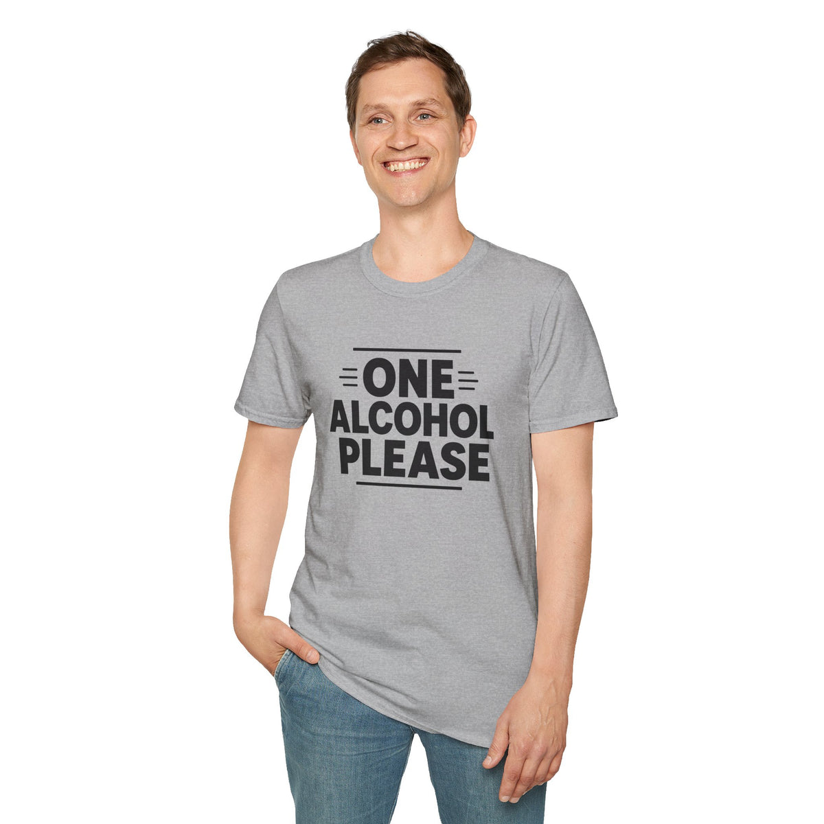 One Alcohol Please Shirt, Sport Grey, worn by a standing model with one hand in their pocket