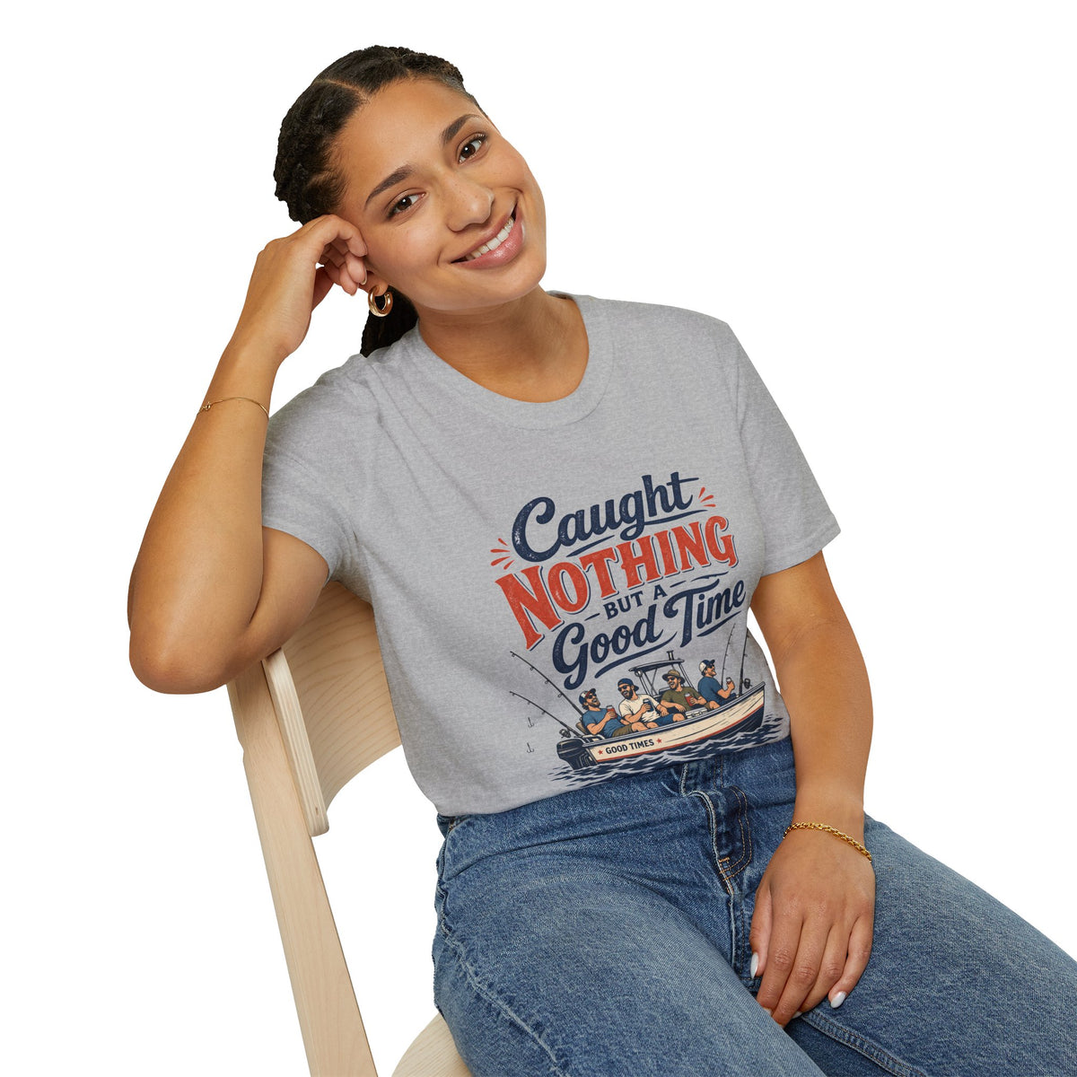 Caught Nothing But a Good Time Shirt, Sport Grey, worn by a model seated on a wooden chair