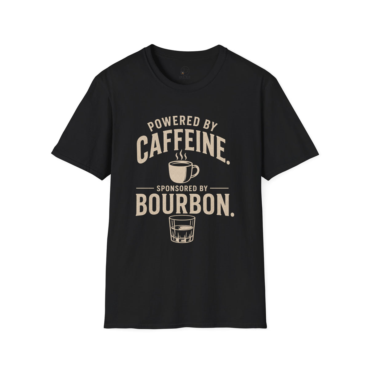 Powered by Caffeine Sponsored by Bourbon Shirt, Black, front flat lay