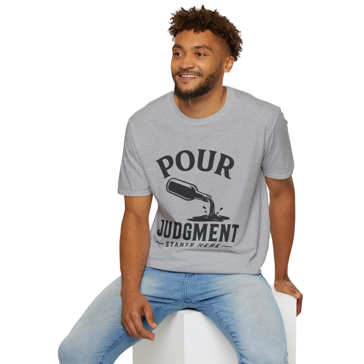 Pour Judgement Starts Here Shirt, Sport Grey, worn by a model seated on a white block