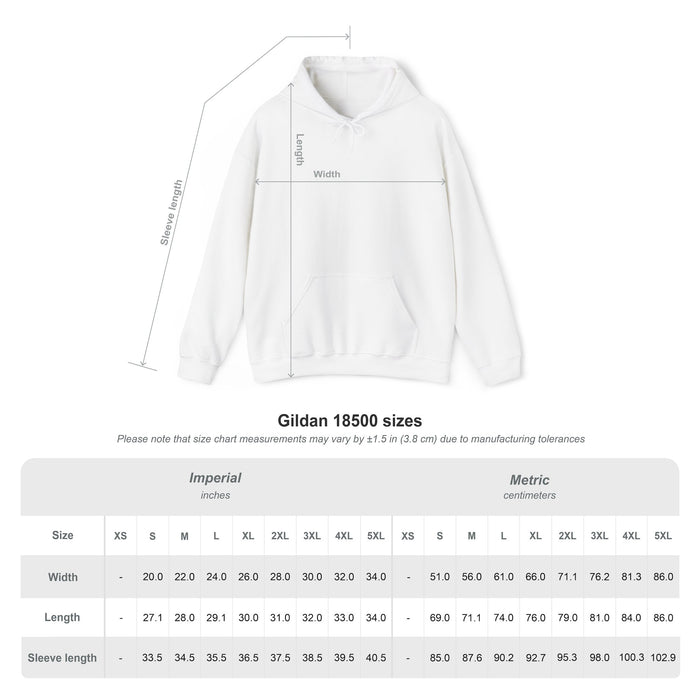 Gildan 18500 unisex hoodie size chart for the Dry Wit Clothing logo hoodie, listing width, length and sleeve length in inches and centimeters for sizes S through 5XL