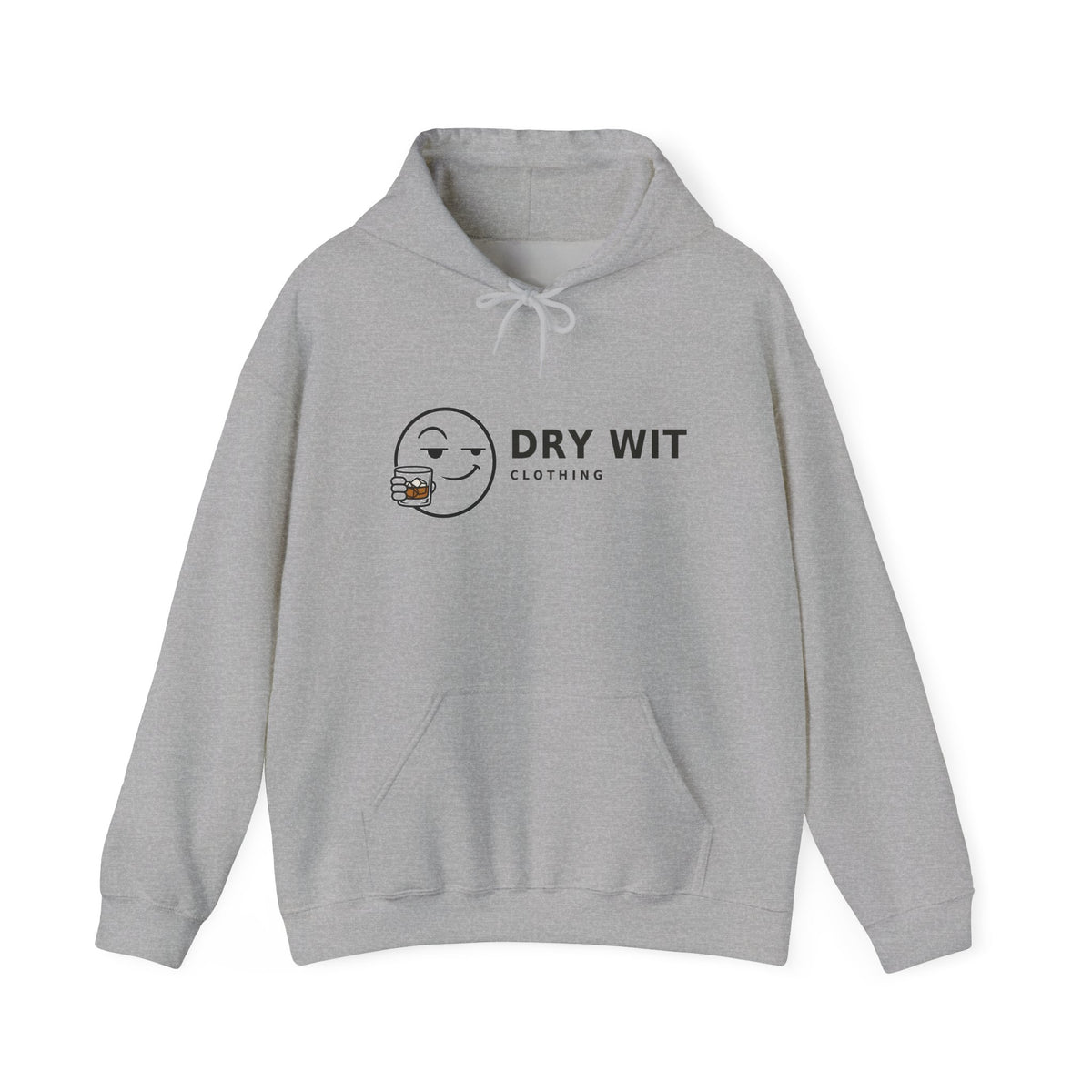 Dry Wit Clothing logo hoodie with winking emoji holding a whiskey glass, Sport Grey, front flat lay