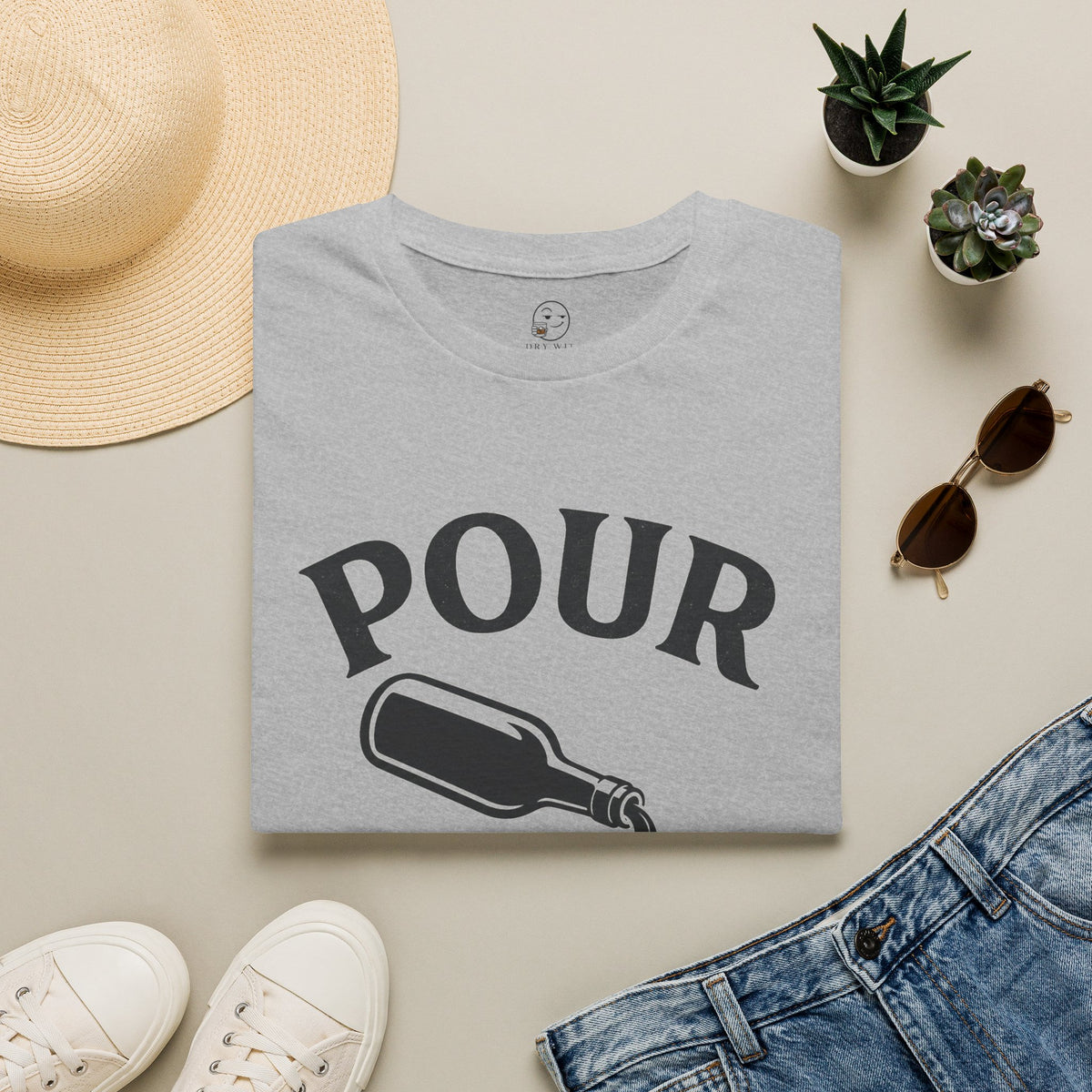 Pour Judgement Starts Here Shirt, Sport Grey, folded flat lay styled with a straw hat, sunglasses, sneakers and denim