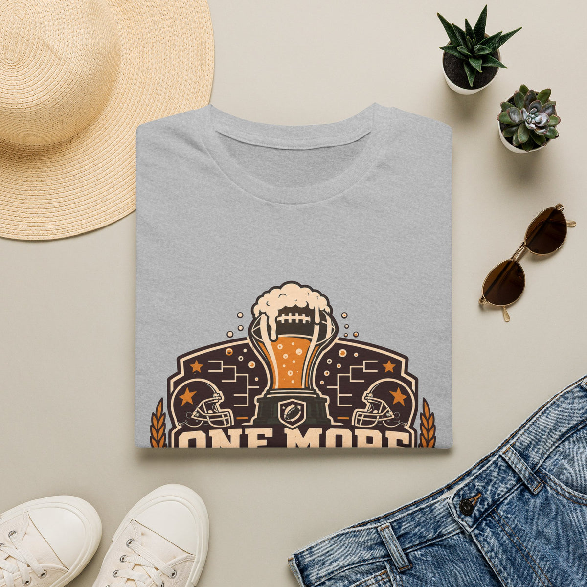 One More Beer Shirt, Sport Grey, folded flat lay styled with a straw hat, sunglasses, sneakers and denim