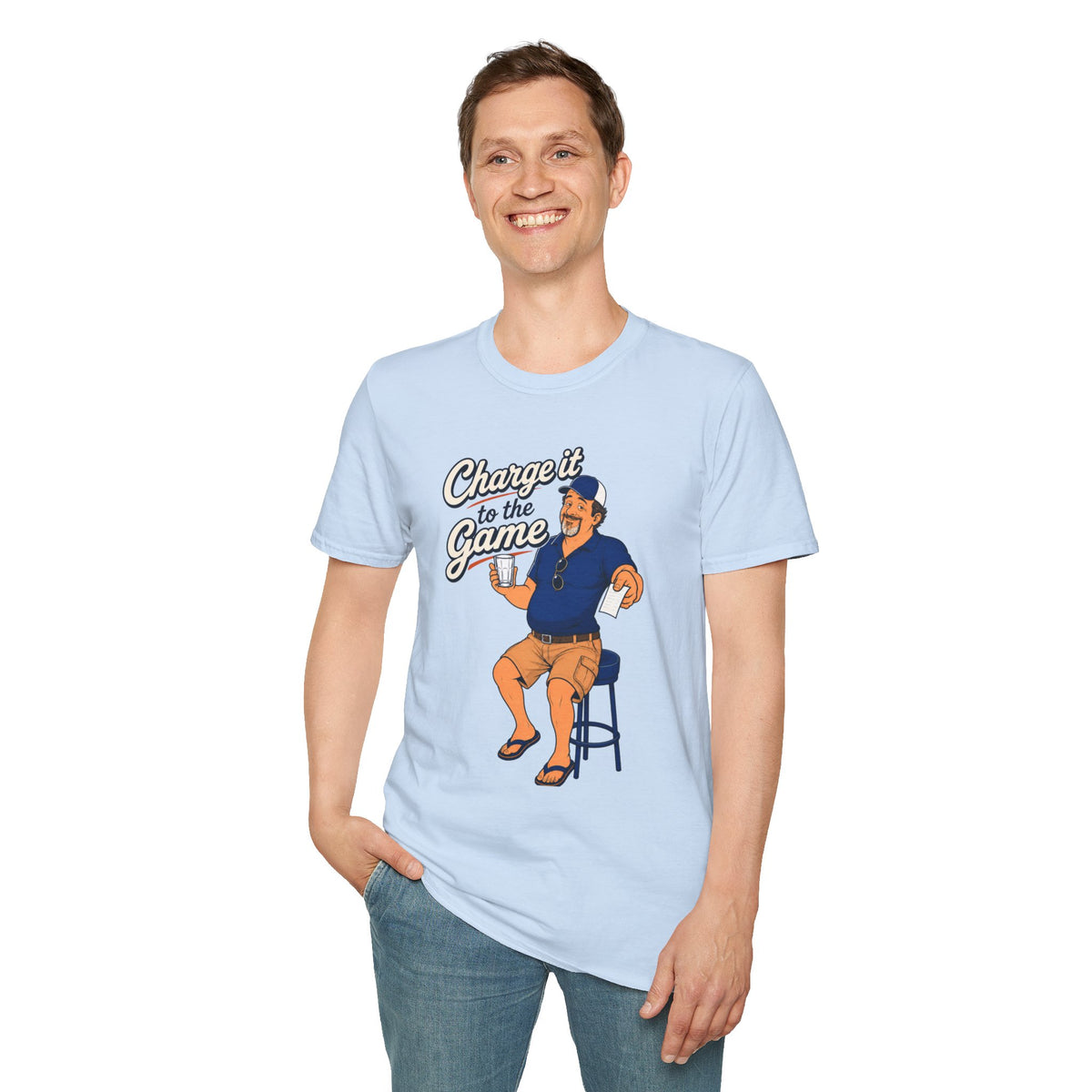 Charge It To The Game Shirt, Light Blue, worn by a standing model with one hand in their pocket