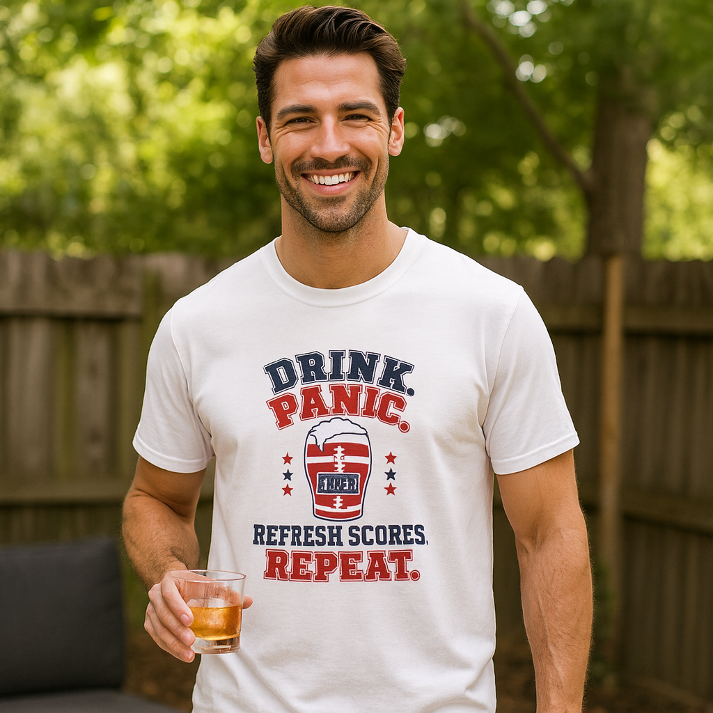 Smiling man in a white Drink Panic Refresh Scores Repeat funny fantasy football shirt holding a whiskey glass