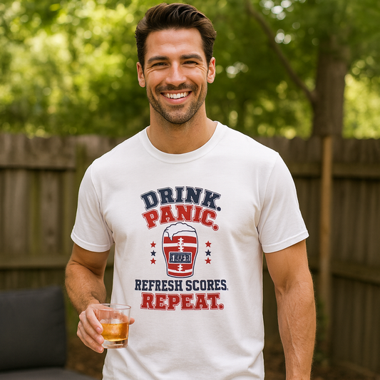 Smiling man in a white Drink Panic Refresh Scores Repeat funny fantasy football shirt holding a whiskey glass