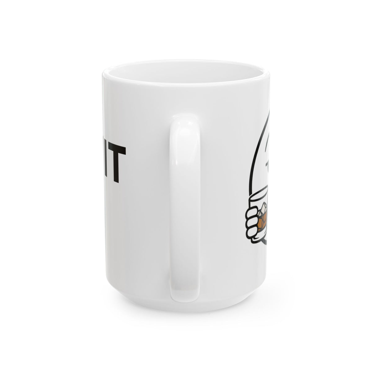 Dry Wit Logo Mug, white ceramic 15 oz, rear view with the handle centred toward the viewer and the design wrapping around both sides